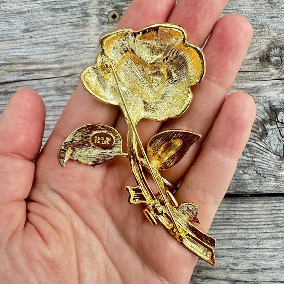 Vintage Nolan Miller Large Rose Brooch Glamour Collection Gold Flashy Rhinestone - Picture 2 of 2